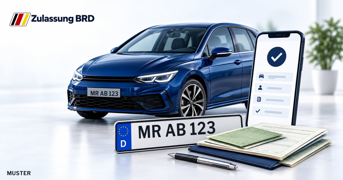 Online Fahrzeugzulassung in Kirchhain: Musterkennzeichen MR AB 123, Auto und Fahrzeugpapiere und Smartphone. Illustration mit Logo von Zulassung BRD.